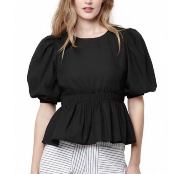 Corey Lynn Calter NWOT Peggy Black Cotton Puff Sleeve Popover Peplum Top Size L - Picture 1 of 12